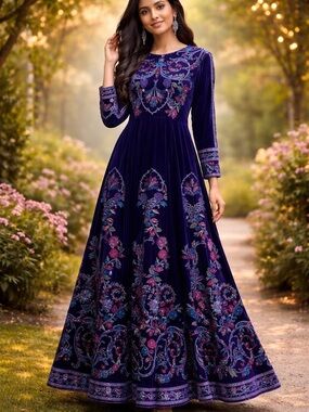 Elegant Navy Blue Embroidered Maxi Dress